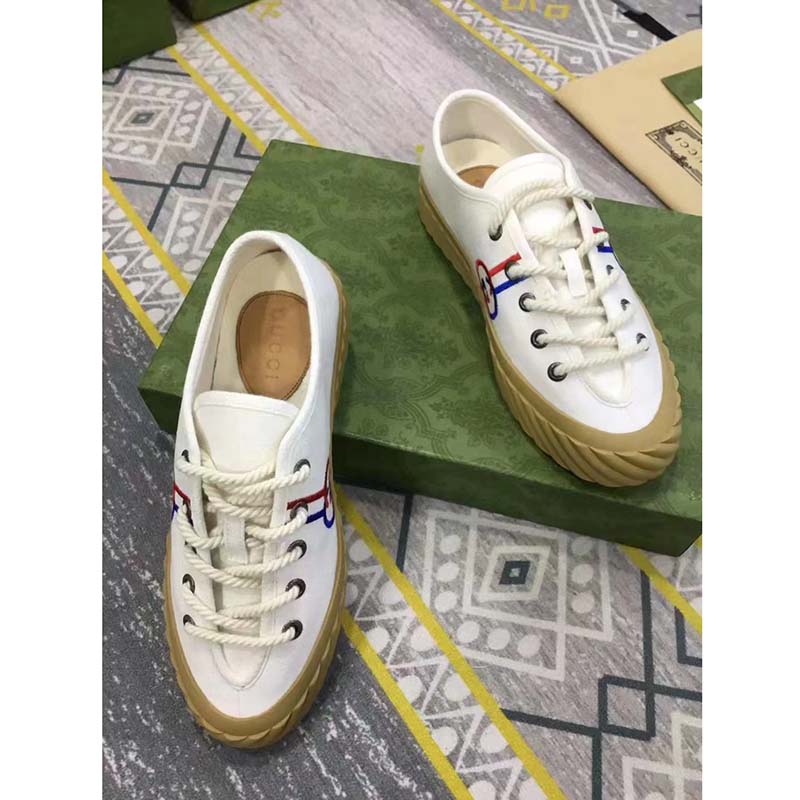 Gucci Unisex Interlocking G Sneaker Beige Cotton Rubber Sole Lace-Up Closure Flat