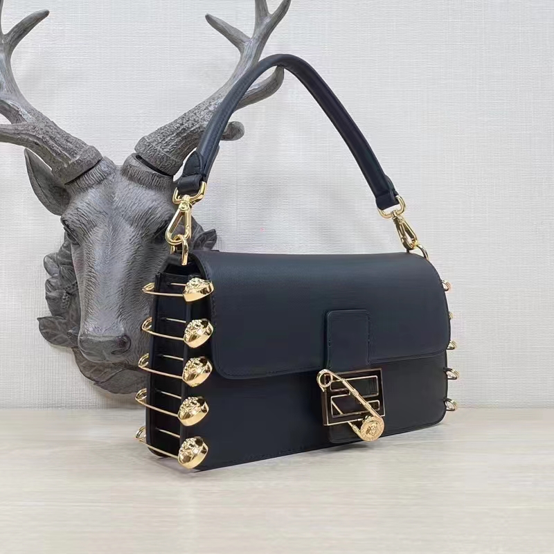 Fendi Women FF Baguette Brooch Fendace Black Leather Bag