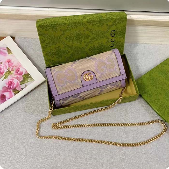 Gucci Women Ophidia Jumbo GG Continental Wallet Beige Lilac Canvas Double G