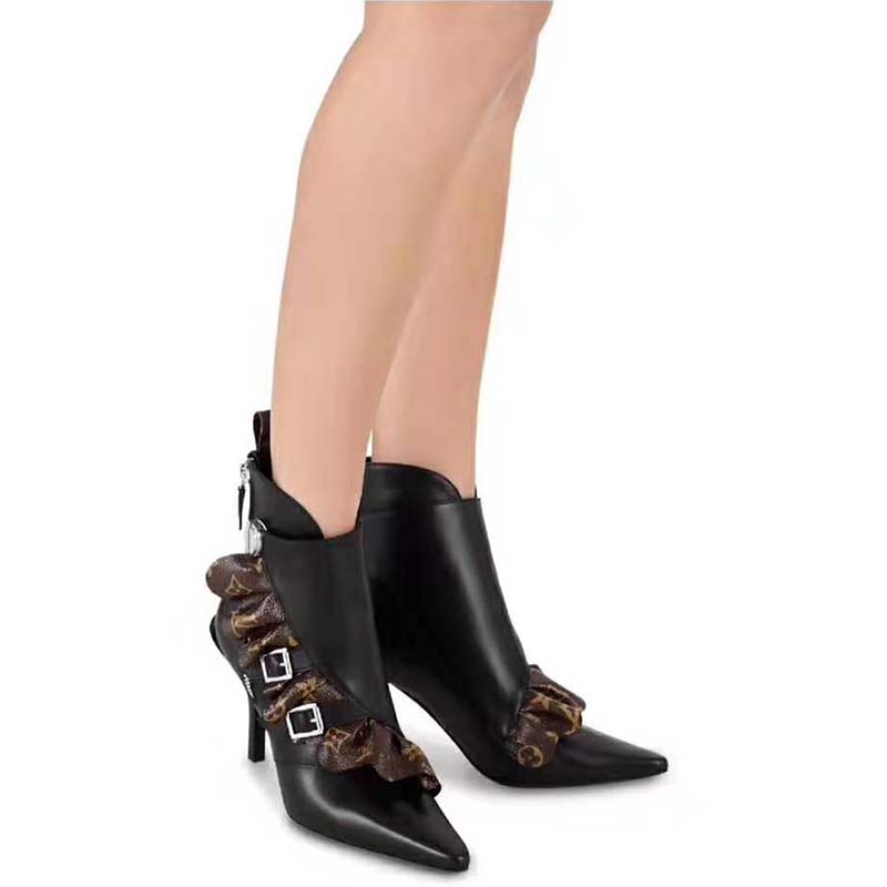 Louis Vuitton LV Women LV Janet Ankle Boot in Calf Leather and Patent Monogram Canvas-Black