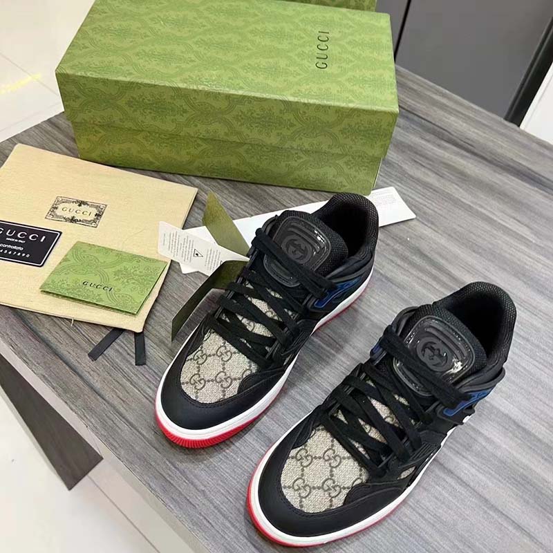 Gucci Unisex GG Basket Sneaker Interlocking G Black Beige Ebony GG Supreme Canvas