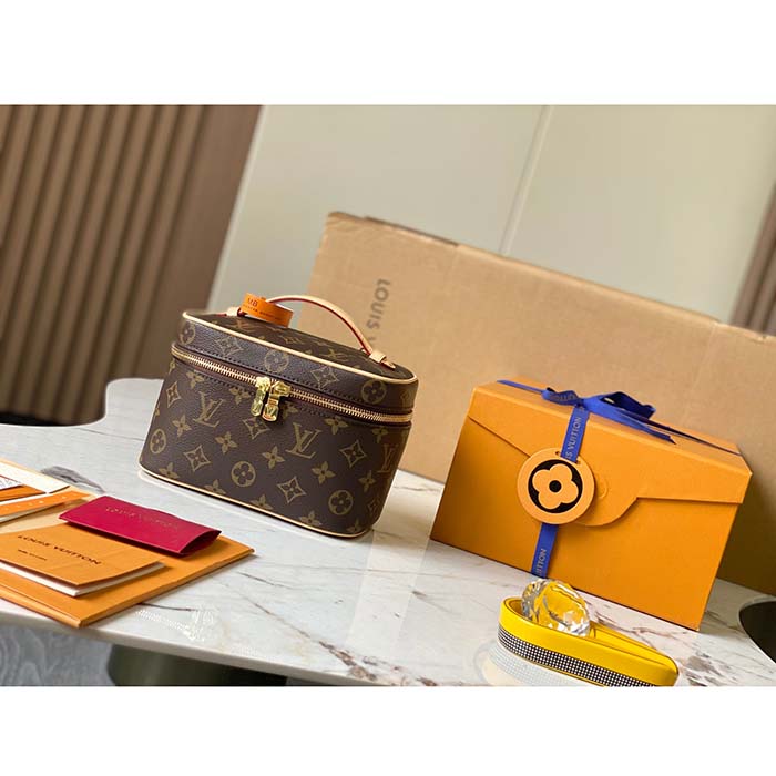 Louis Vuitton LV Unisex Nice Mini Toiletry Pouch Monogram Coated Canvas Natural Cowhide Leather