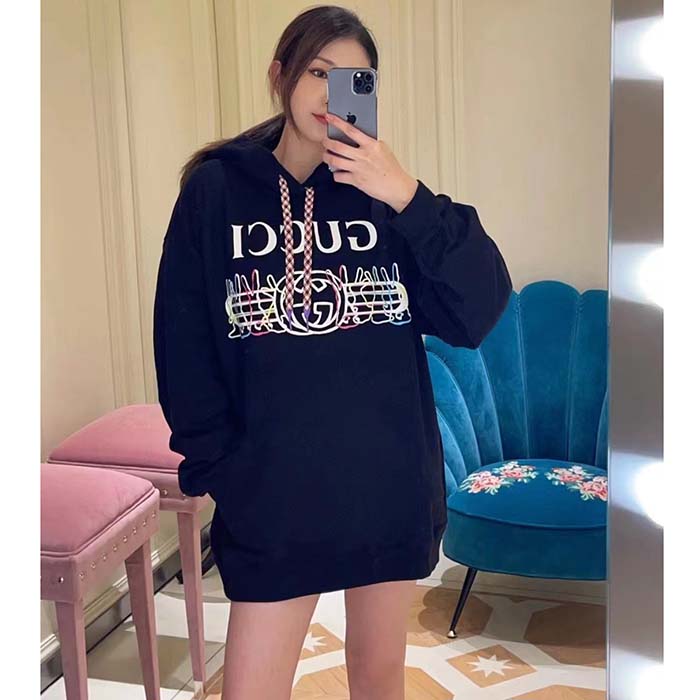 Gucci Women GG Cotton Jersey Sweatshirt Black Felted Long Sleeves Kangaroo Front Pocket