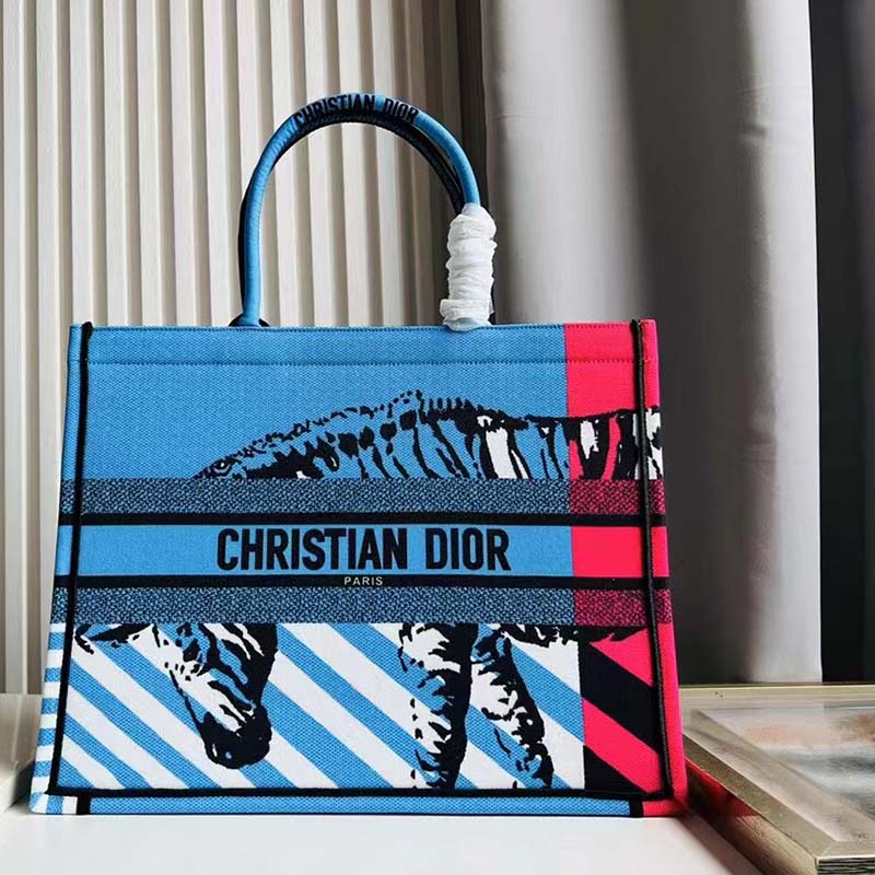 Dior Unisex CD Large Book Tote Blue Pink D-Jungle Pop Embroidery