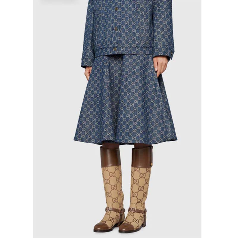 Gucci Women Knee-High Boot Harness Beige Ebony Maxi GG Canvas Interlocking G