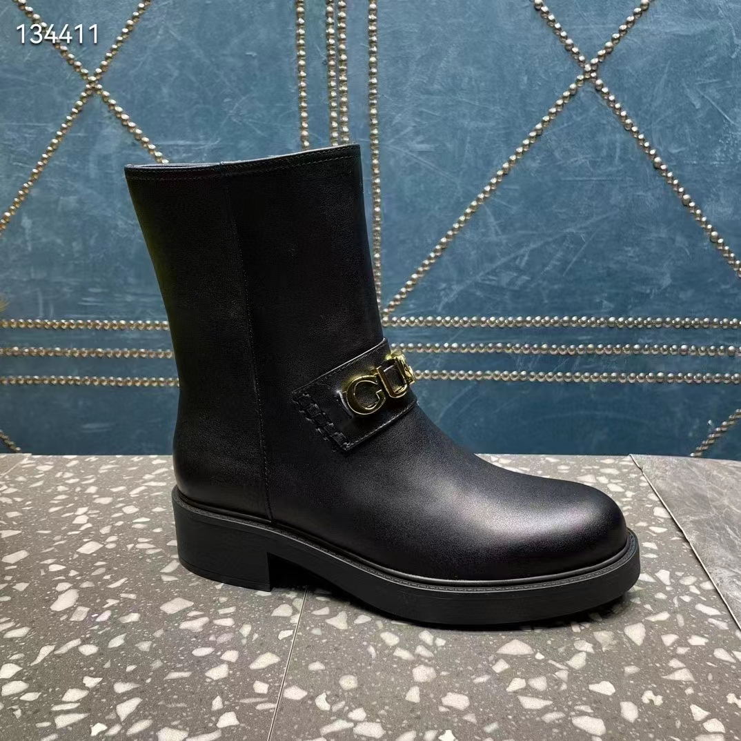 Gucci Women GG Gucci Boot Black Leather Rubber Sole Mid 8.9 CM Heel