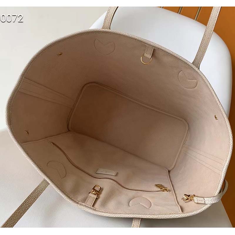 Louis Vuitton Women LV Neverfull MM Carryall Tote Beige Sprayed Embossed Grained Cowhide