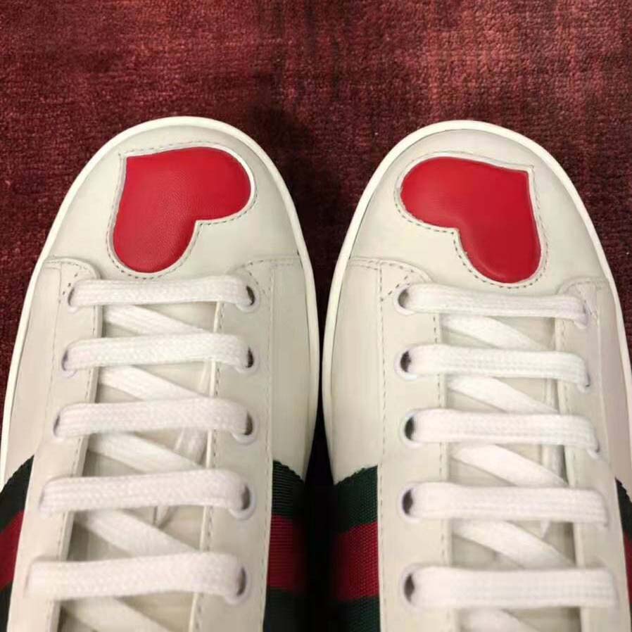 Gucci Women’s Ace Embroidered Sneaker with Two Leather Hearts in Rubber Sole-White