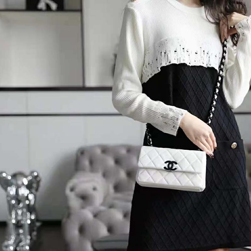 Chanel Women Small Flap Bag Grained Calfskin Lacquered Metal White Black