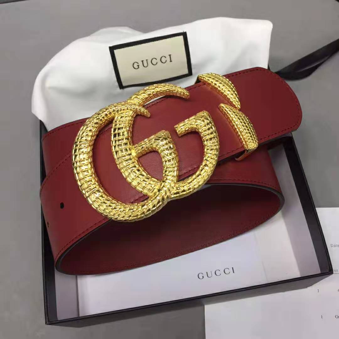 Gucci Unisex Leather Belt with Double G Buckle in Burgundy Leather