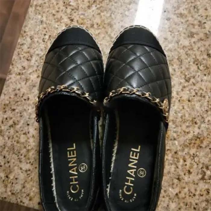 Chanel Women CC Tweed Calfskin Loafer Black Leather Gold Tone Metal