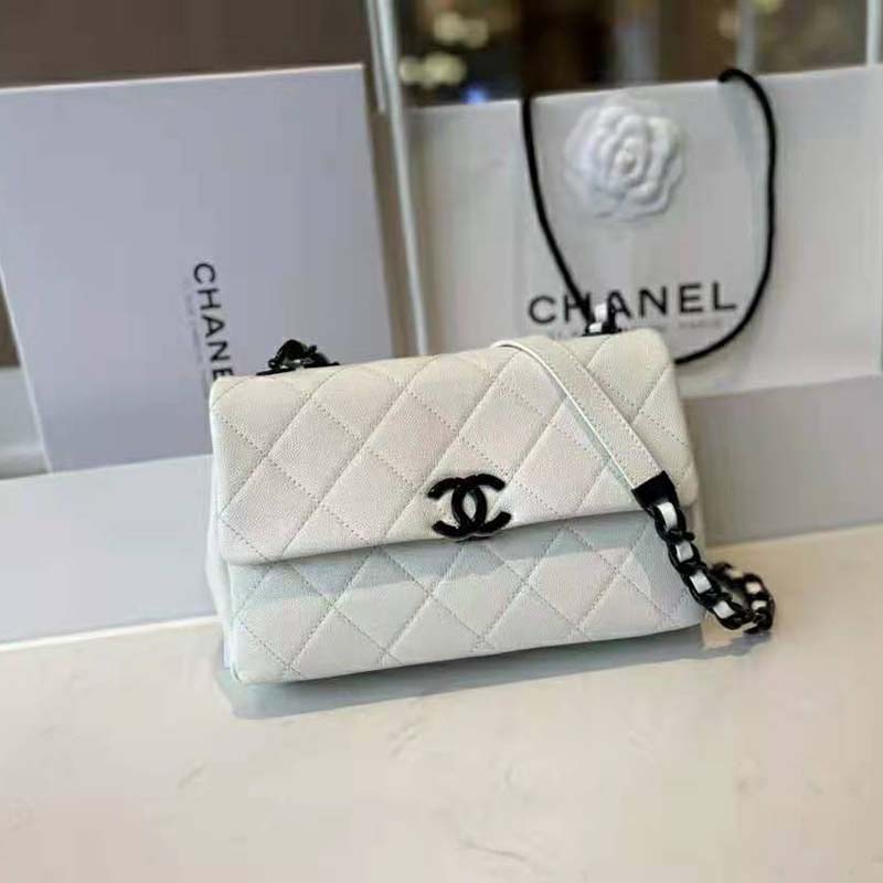 Chanel Women Small Flap Bag Grained Calfskin Lacquered Metal White Black