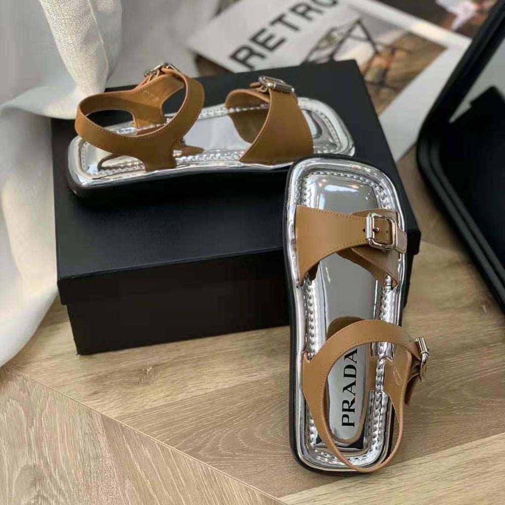Prada Women Flat Rectangular Leather Sandals-Brown