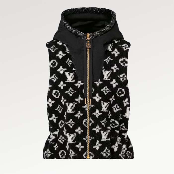 Louis Vuitton LV Men Sleeveless Hooded Monogram Teddy Jacket Acrylic Wool Black White