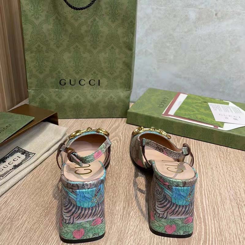 Gucci Women GG Tiger Mid-Heel Slingback Tiger Flower Beige Ebony Supreme Canvas