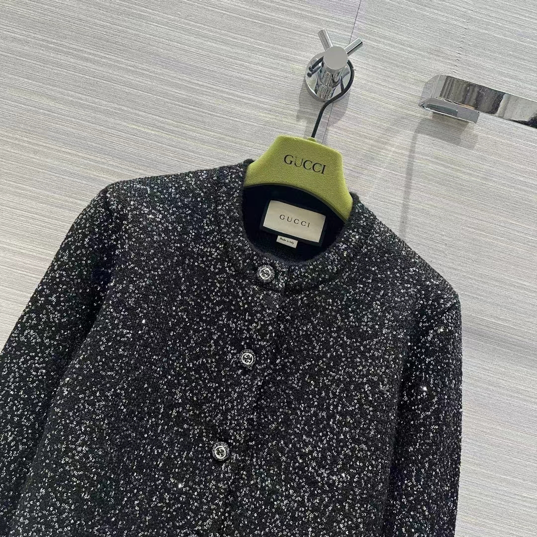 Gucci Women GG Viscose Knit Cardigan Blend Sequin Embroidery Silver Crewneck Long Sleeves