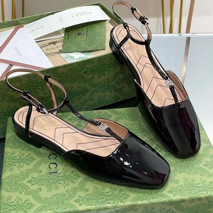 Gucci Women GG Double G Ballet Flat Black Patent Leather Square Toe