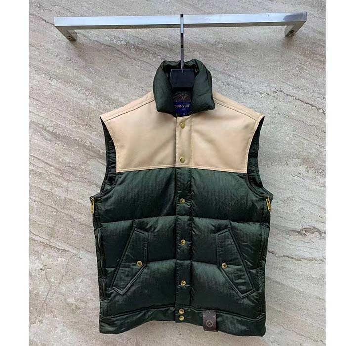 Louis Vuitton LV Men Leather Accent Sleeveless Puffer Jacket Khaki Beige Regular Fit