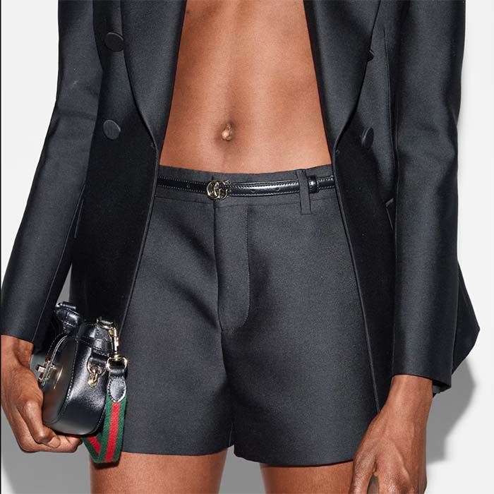 Gucci Unisex GG Thin Belt Belt Black Leather Double G Buckle 1.3 CM Width