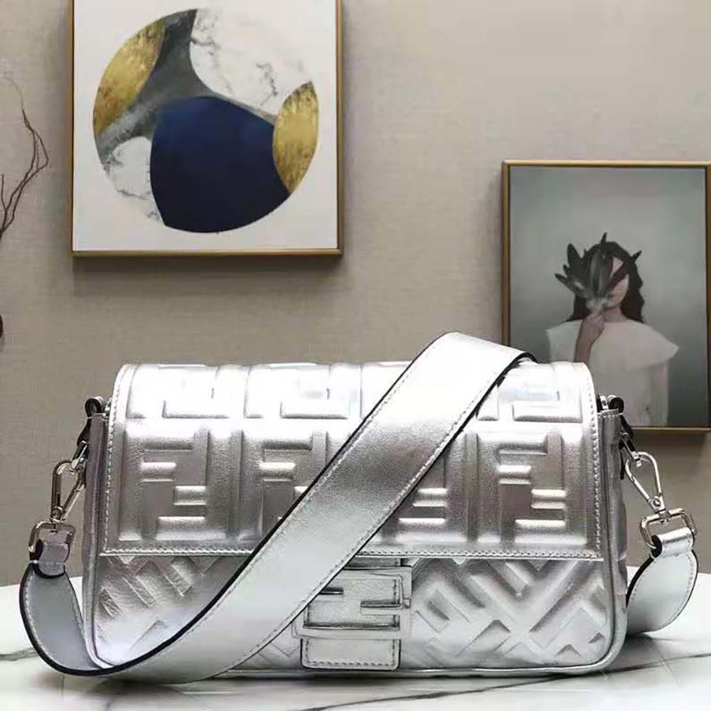 Fendi Women Baguette Fendi Prints On Leather Bag-Silver