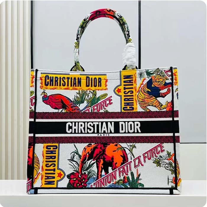 Dior Women CD Large Dior Book Tote White Multicolor Indian Animals Embroidery