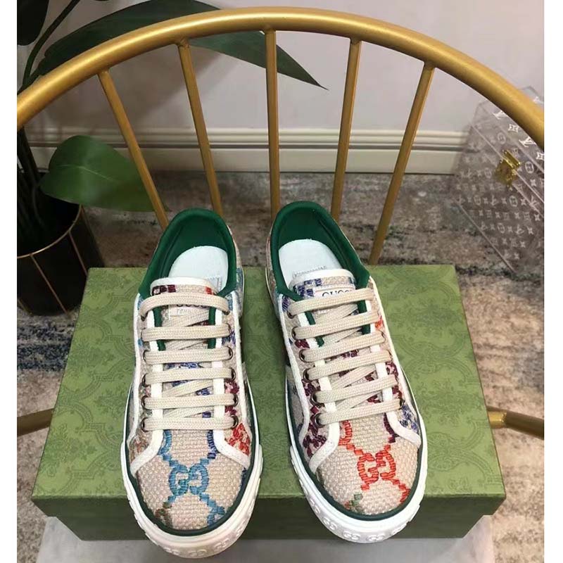 Gucci Unisex GG Gucci Tennis 1977 Sneaker Green Red Web Flat 2 cm Heel