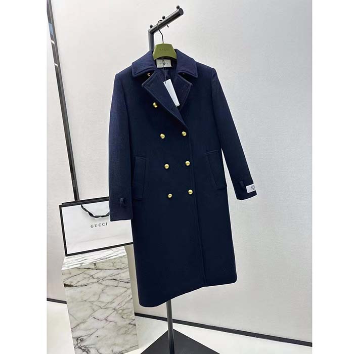 Gucci Women GG Felt Wool Coat Dark Navy Metal Buttons Gucci Cities Label Fully Lined