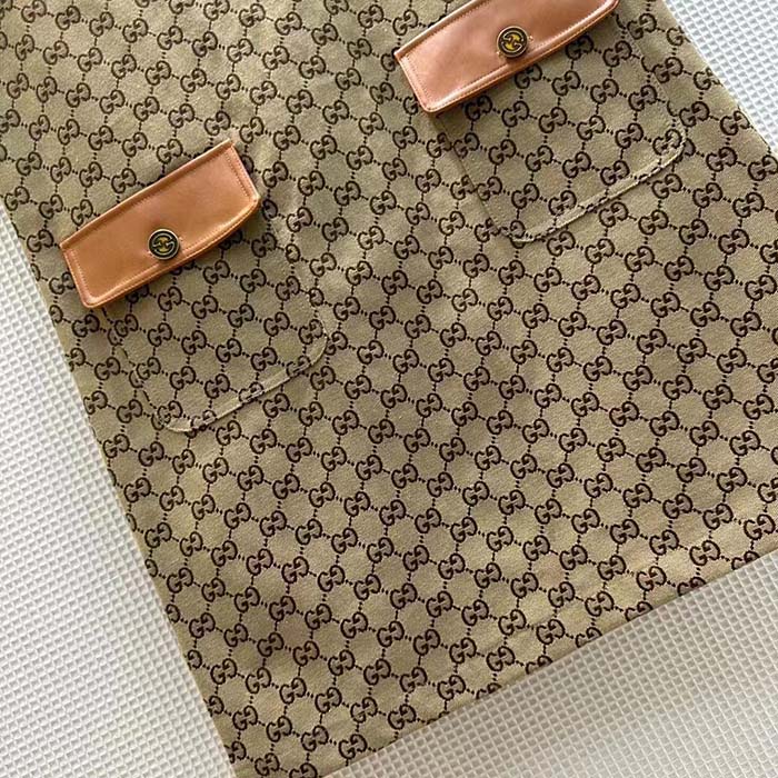 Gucci Women GG Canvas Dress Brown Beige Leather Unlined Crewneck Sleeveless