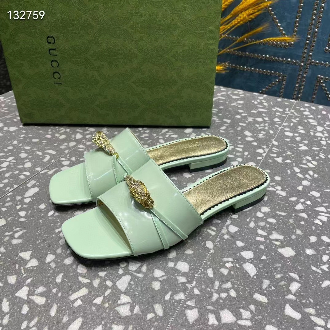Gucci Women GG Slide Sandal Tiger Head Light Green Leather Flat
