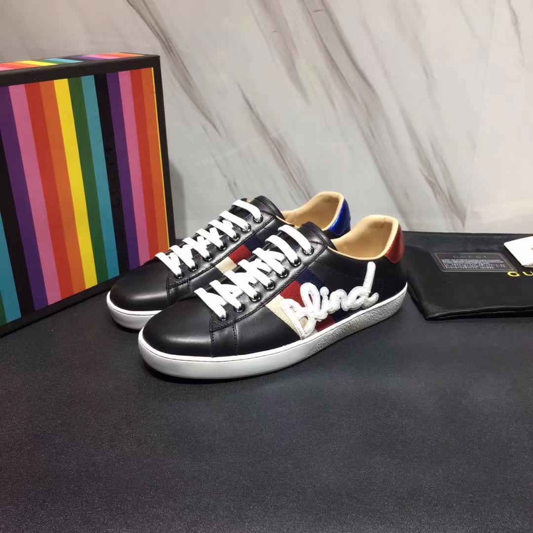 Gucci Men Ace Embroidered Sneaker Shoes in Leather with Sylvie Web-Black