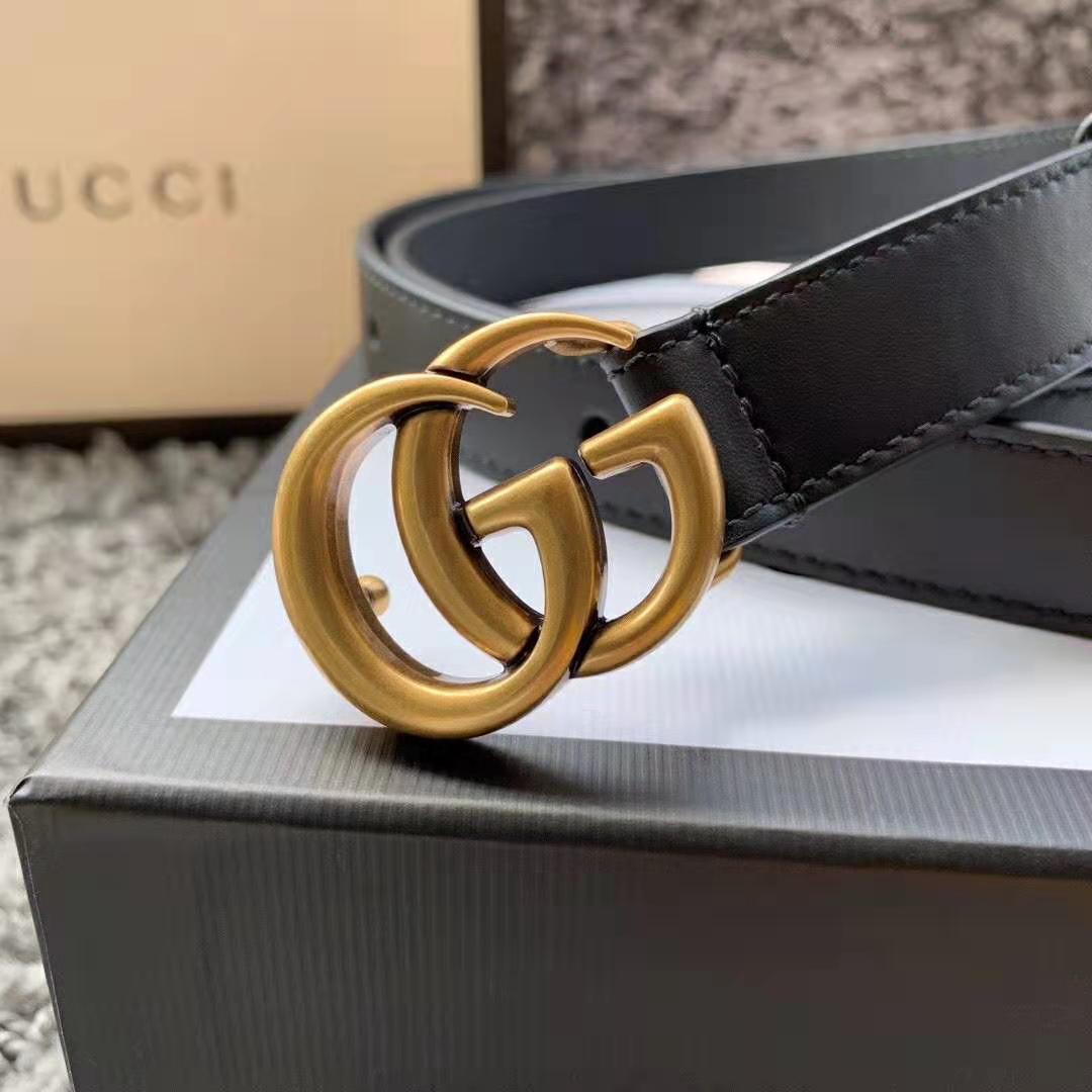 Gucci Unisex GG Marmont Leather Belt with Shiny Buckle-Black