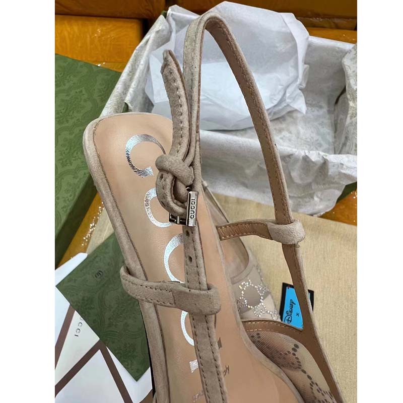 Gucci Women GG Slingback Pump Rose Beige Mesh Crystals Kitten 4 Cm Heel