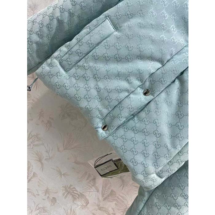 Gucci Women GG Canvas Hooded Bomber Jacket Pale Blue Two Side Pockets Padded Drawstring Hem