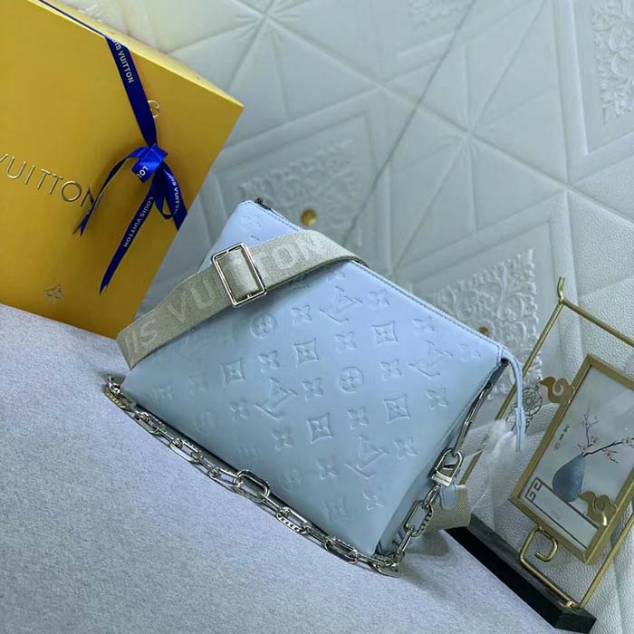 Louis Vuitton LV Women Coussin PM Handbag Ice Blue Lambskin Cowhide Leather Zip Closure