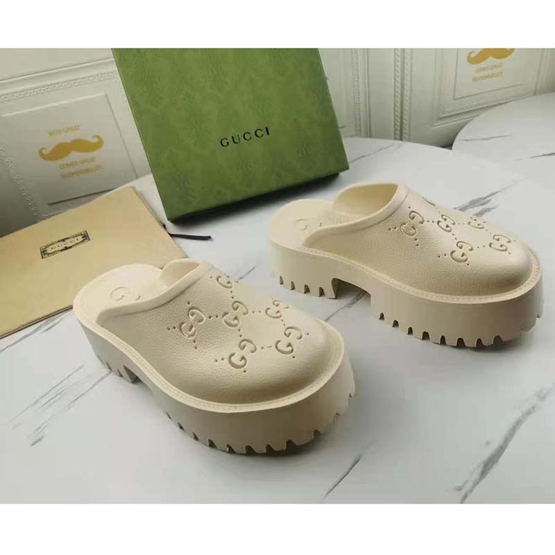 Gucci GG Women Platform Perforated G Sandal White Perforated GG Rubber