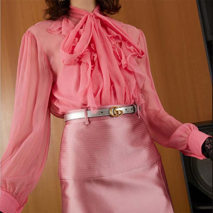 Gucci Unisex GG Marmont Thin Belt Silver Lamé Leather Double G Buckle 2 CM Width