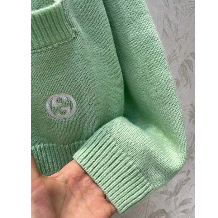 Gucci Women GG Fine Cashmere Cardigan Interlocking G Light Green Crewneck Long Sleeves