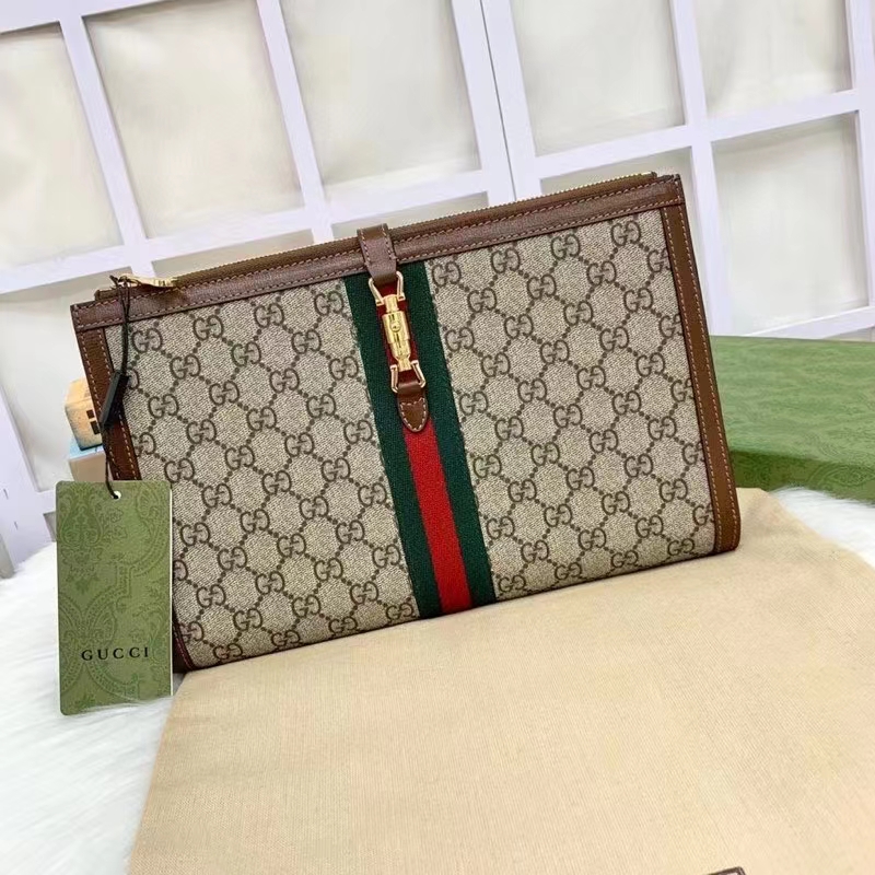 Gucci Unisex GG Jackie 1961 Pouch Beige Ebony GG Supreme Canvas Zipper Closure