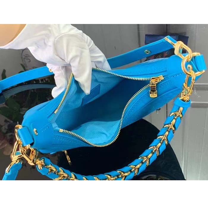 Louis Vuitton LV Women Loop Half-Moon Baguette Bag Blue Calfskin Monogram Flowers