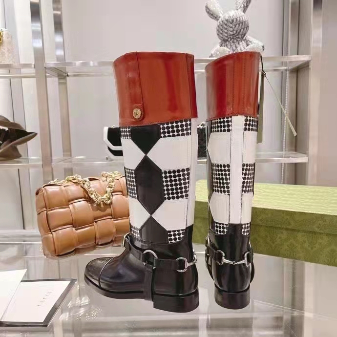 Gucci Women Knee-High Optical Print Boot Black Brown Leather Interlocking G