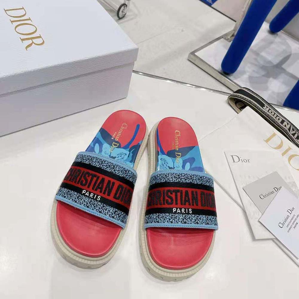 Dior Women Dway Slide Pink Multicolor D-Flower Pop Cotton Embroidery