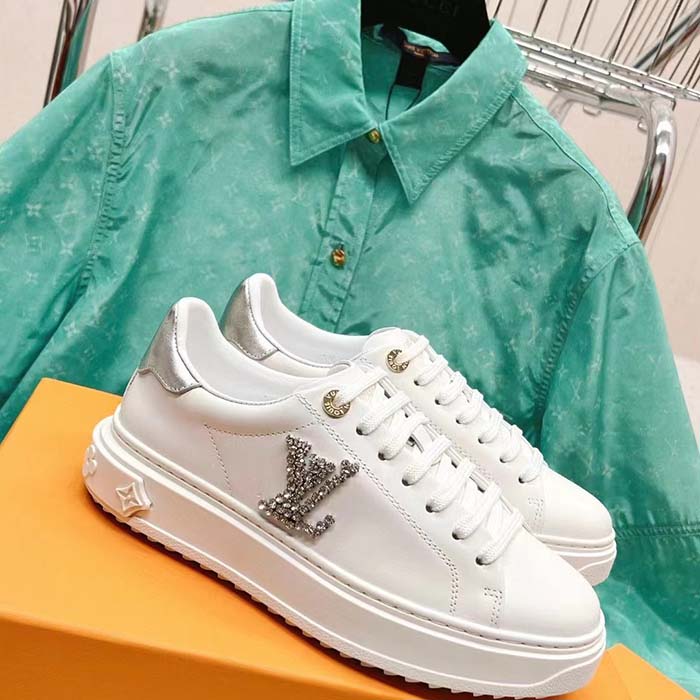 Louis Vuitton Unisex LV Time Out Sneaker Silver Calf Leather Strass Monogram Flowers
