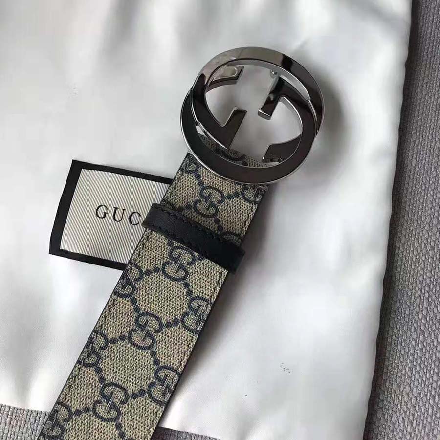 Gucci Unisex GG Supreme Belt with G Buckle in Beige/Blue GG Supreme Canvas