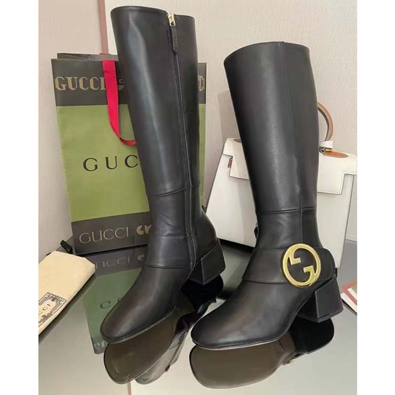 Gucci Blondie Women’s Blondie Boot Black Leather Round Interlocking G Low 5 Cm Heel