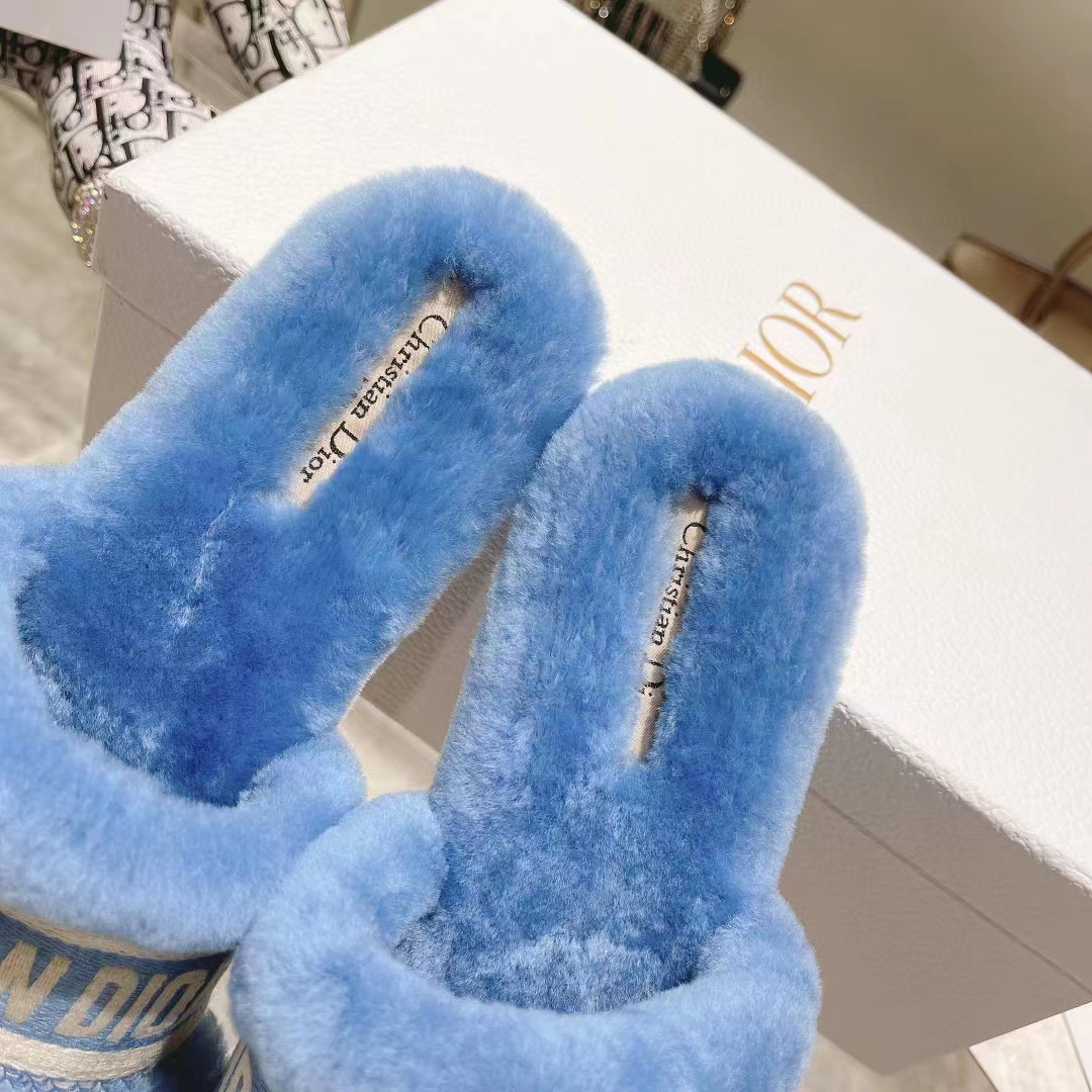 Dior Women CD Shoes Chez Moi Slide Bright Blue Embroidered Cotton Shearling