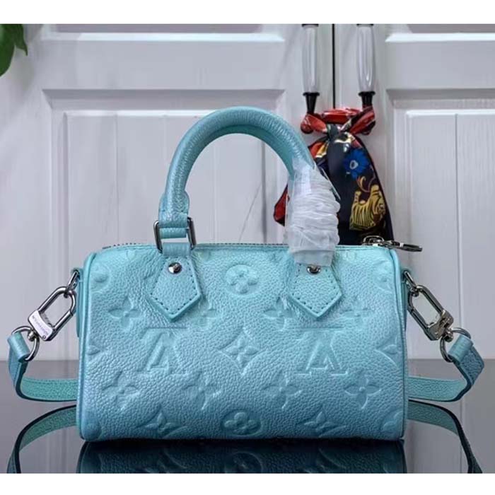 Louis Vuitton LV Women Nano Speedy Blue Monogram Empreinte Embossed Supple Grained Cowhide