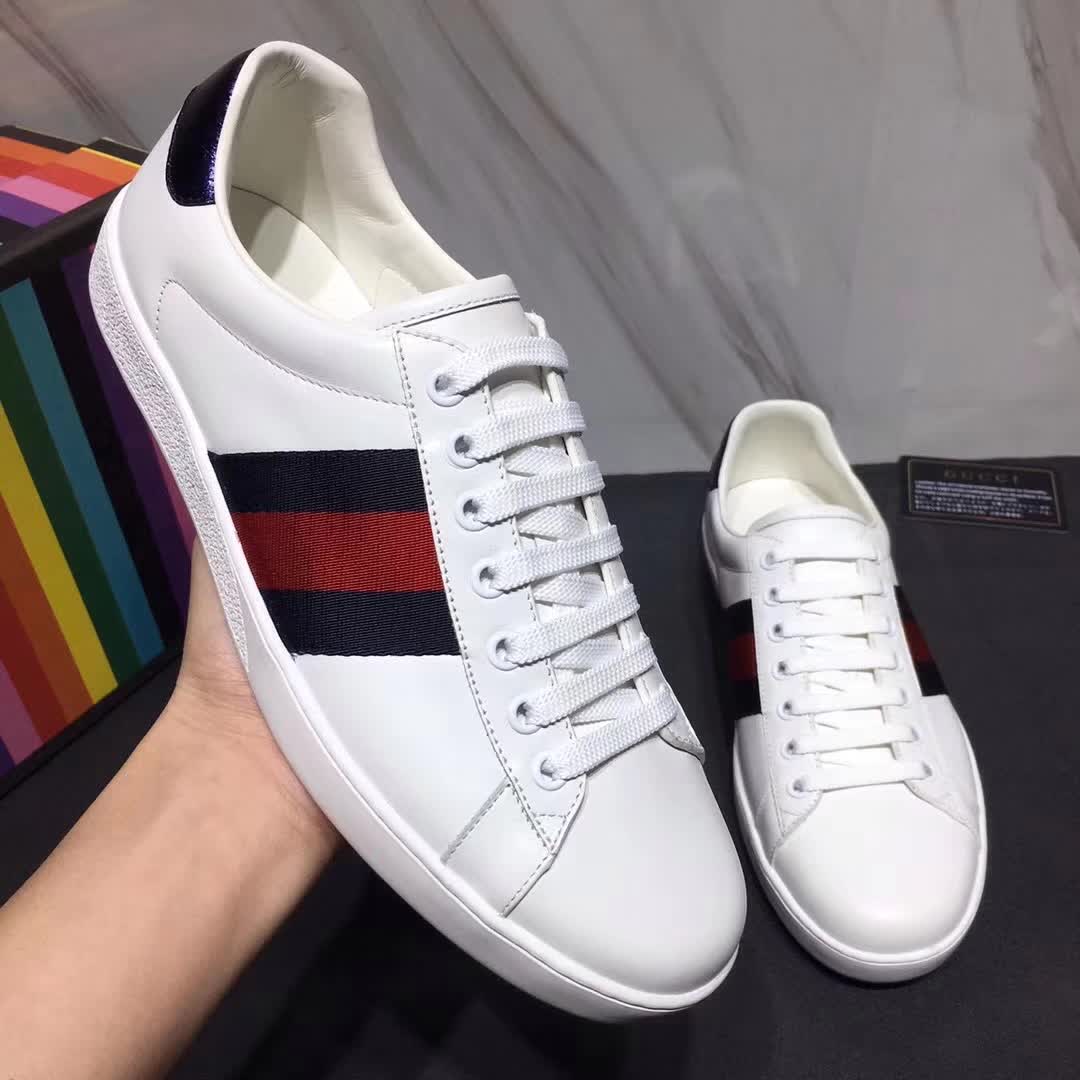 Gucci Men Ace Low-top Sneaker Shoes in Leather with Web-Navy