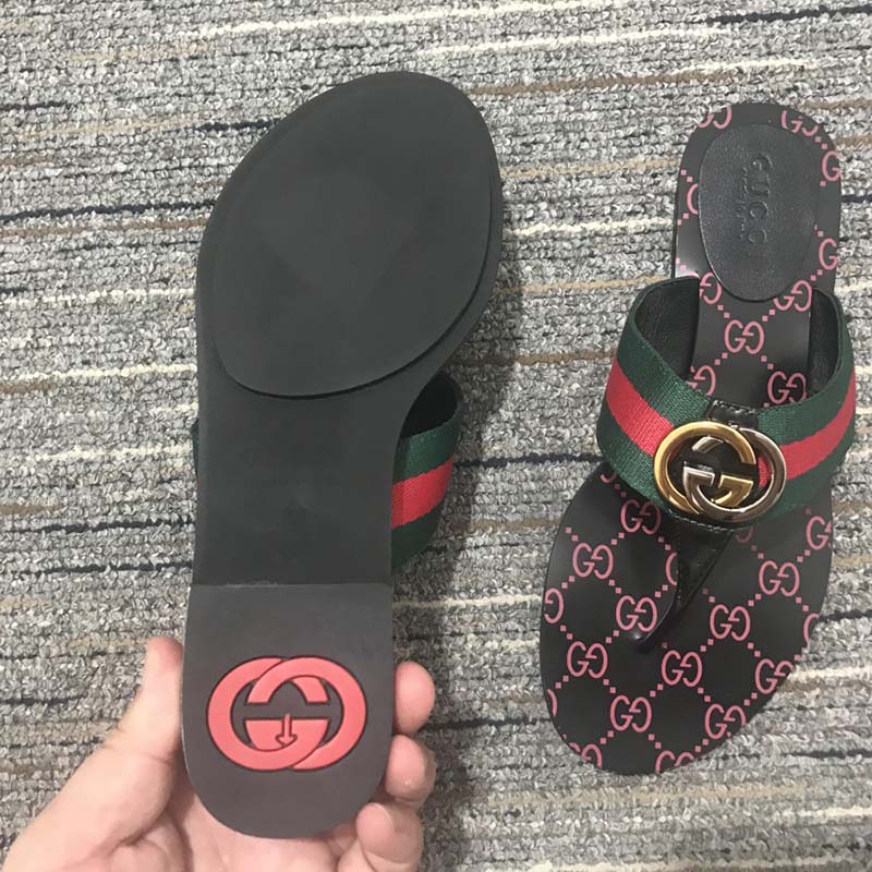 Gucci Unisex GG Thong Web Sandal Interlocking G Leather Sole Square Toe Flat
