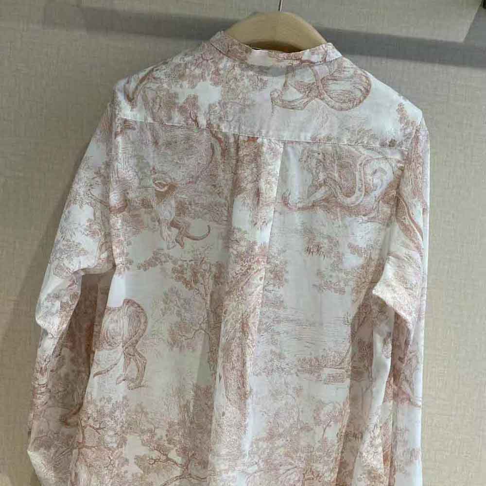 Dior Women Long Blouse Rose Des Vents Cotton Voile with Toile de Jouy Motif