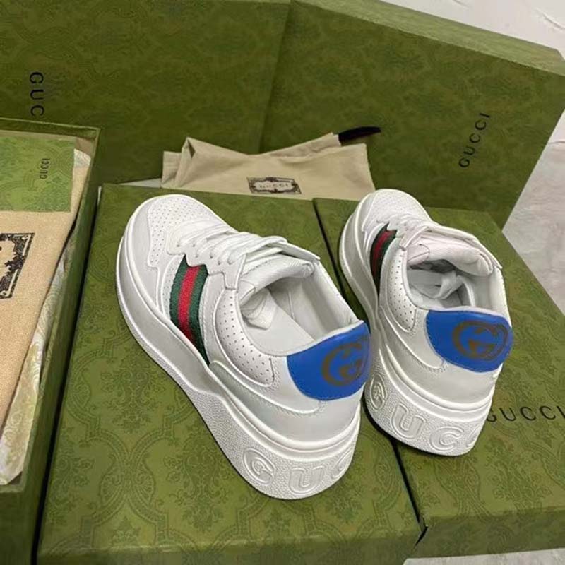 Gucci Unisex Sneaker Web White Leather Green Red Web Lace Up Flat